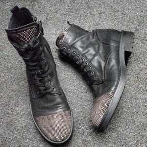 A&M Black Italian Calfskin/Copper Hardware Combat/Moto Boots